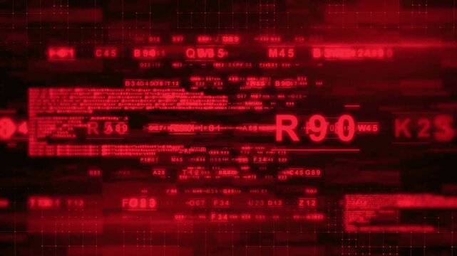 Futuristic HUD display with red alphanumeric characters and encrypted programming text on a dark background.