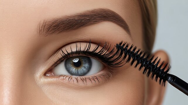 Close up beauty shot of woman applying mascara on eyelashes with cosmetic brush