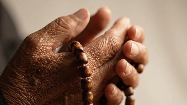 A close-up view of a person's aged praying hands gently holding traditional prayer beads, symbolizing devotion, contemplation, and a quest for inner peace and spiritual connection