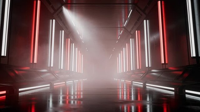 Futuristic hallway with red and white neon lights and reflective floor in a sci fi interior design