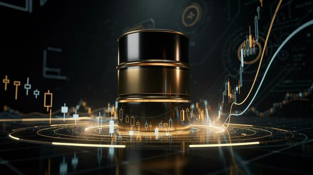 Futuristic oil barrel with glowing financial charts and digital stock market data visualization concept