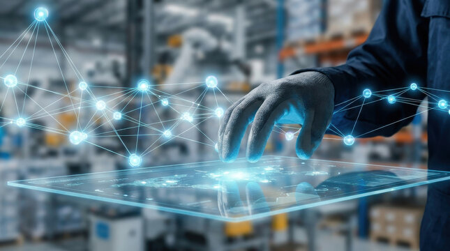 Digital tablet network connection warehouse hand technology supply chain resilience industry automation logistics futuristic data touchscreen communication storage inventory manufacturing system