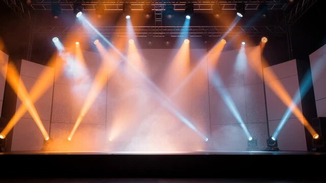Colorful stage lighting effects with smoke on empty theater stage for events and performances