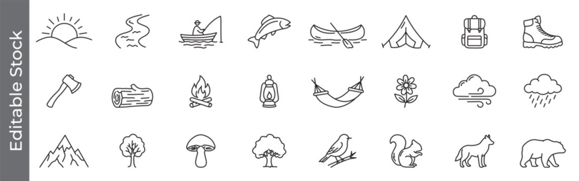 Camping, adventure, fishing, river, campfire and outdoor nature icon set &ndash; editable outline symbols of hiking, travel, wildlife, eco travel, survival and wilderness activities