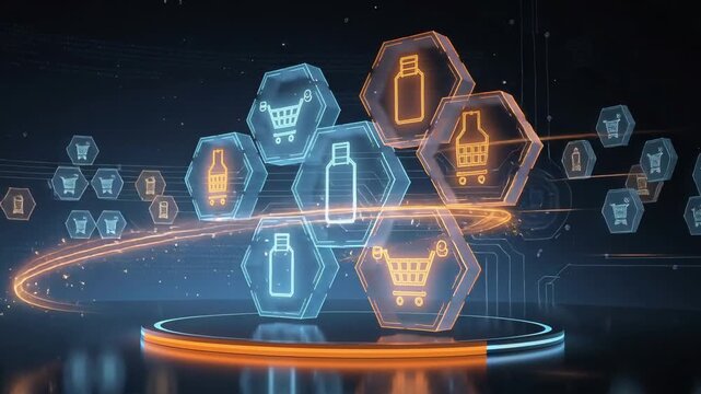 Futuristic digital interface with shopping cart and bottle icons for e-commerce and online retail technology concept