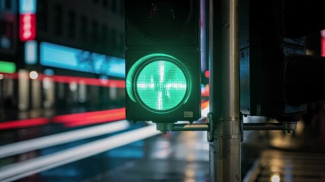 Urban nighttime traffic green light with blurred city street and vehicle lights in the background