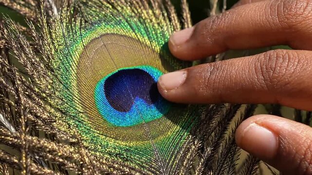 Close-up of a hand gently touching a vibrant peacock feather, showcasing its intricate eye pattern and iridescent colors