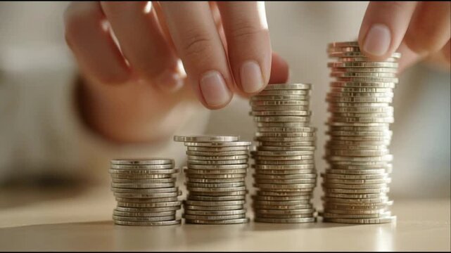 Hands stacking coins in ascending order on a table indoors