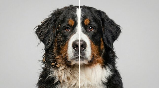 Close-up of Bernese Mountain Dog face before and after grooming