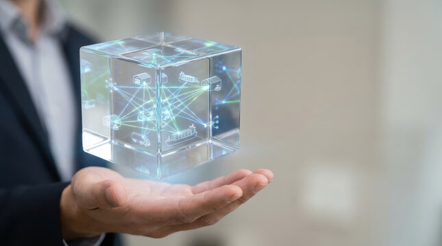 Supply chain resilience network connection logistics cube hologram technology hand digital futuristic communication system transportation distribution data innovation business industry management