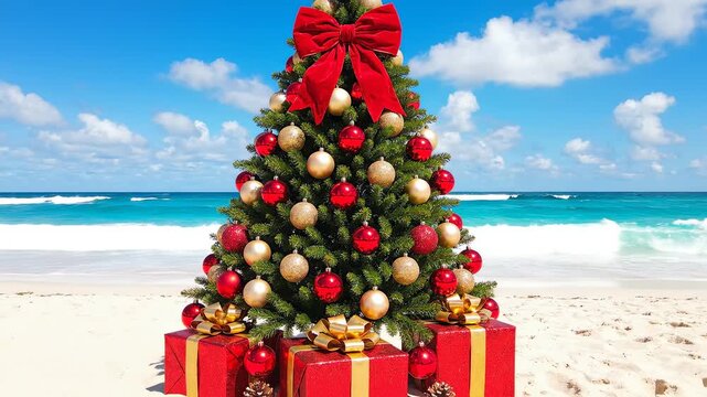 Christmas tree on beach with gifts for outdoor lifestyle brands and nature documentaries