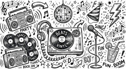 Obraz premium Party music doodle vector illustration collection includes dj turntable vinyl records headphones disco ball microphone boombox party hat festive elements sound symbols for celebration design.