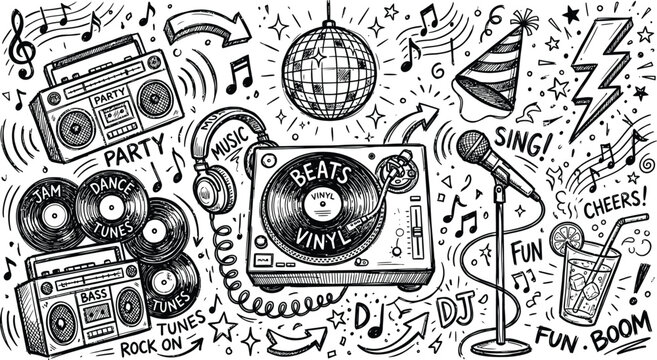 Party music doodle vector illustration collection includes dj turntable vinyl records headphones disco ball microphone boombox party hat festive elements sound symbols for celebration design.
