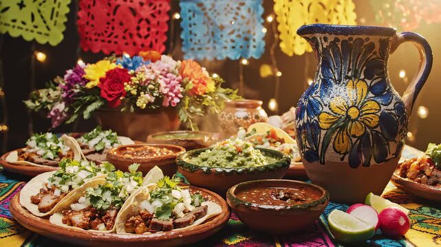 Tacos and Mexican pottery on festive table perfect for cooking tutorials and recipe showcases