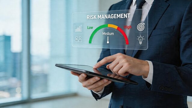 Businessman using tablet analyzing risk management gauges in modern office digital dashboard for financial security