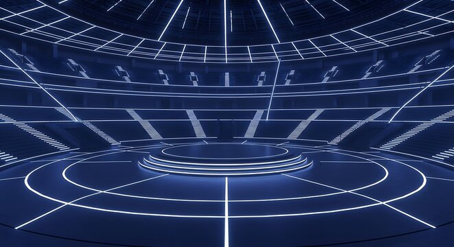 Futuristic Neon Arena Stage with Circular Center Platform and Glowing Geometric Light Lines in Dark Blue Interior for Virtual Event Broadcast or High-Tech Product Presentation