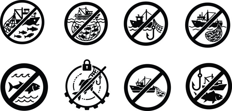 Set of eight black and white prohibition signs for illegal fishing and poaching.