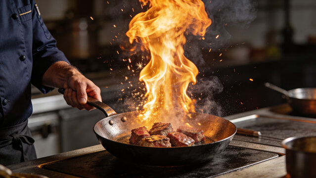 Chef cooks meat in pan with flames in busy kitchen during evening service