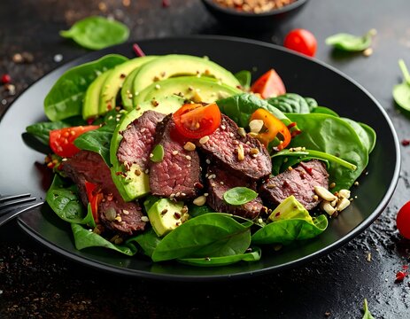 Delicious steak salad with avocado tomatoes.