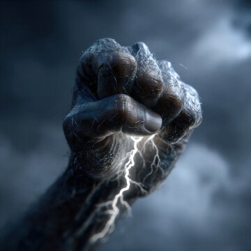 A clenched fist crackling with lightning, symbolizing strength and power.