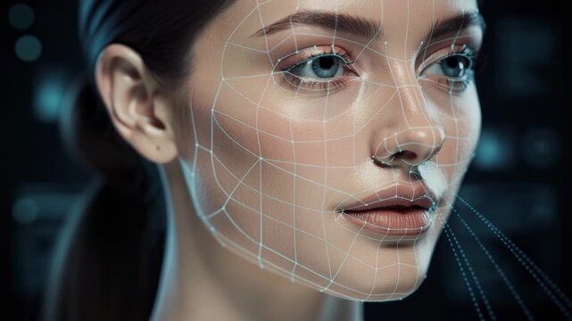 Close up of woman face with digital facial recognition technology and biometric facial mapping