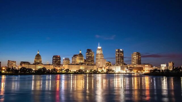Stunning Austin skyline illuminated at twilight, showcasing the vibrant cityscape reflecting brilliantly on the tranquil water surface