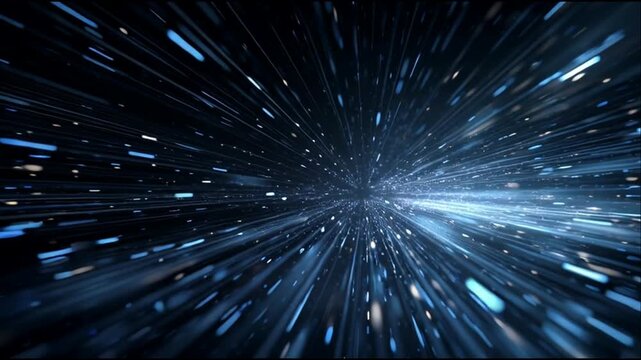 A futuristic spaceship zooms through a vibrant blue tunnel filled with streaks of light at incredible speed.