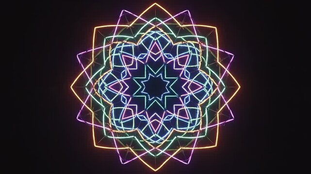Vibrant neon mandala design on black background.