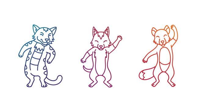 Dancing Cartoon Animals: Cat, Wolf, and Squirrel with Gradient Colors