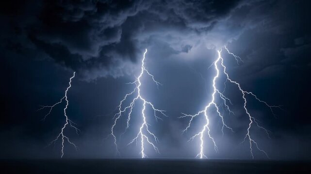 Powerful lightning storm with multiple bright bolts striking over dark cloudy sky at night