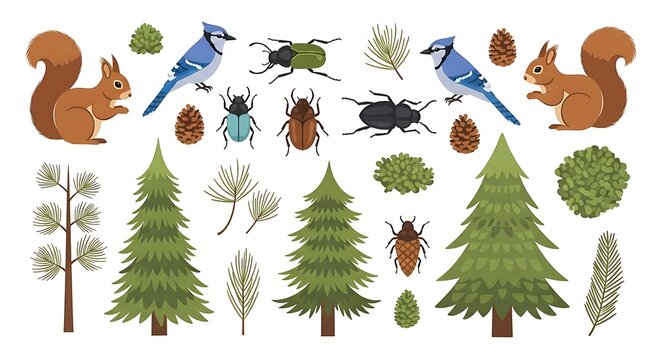 Forest nature set with squirrels, blue jay birds, insects, and pine trees