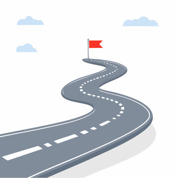 Winding road leading to a red flag on a white background