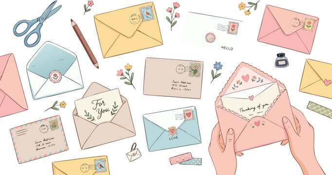 Set of hand drawn vintage envelopes and letters with cute stamps, flowers, and stationery items.