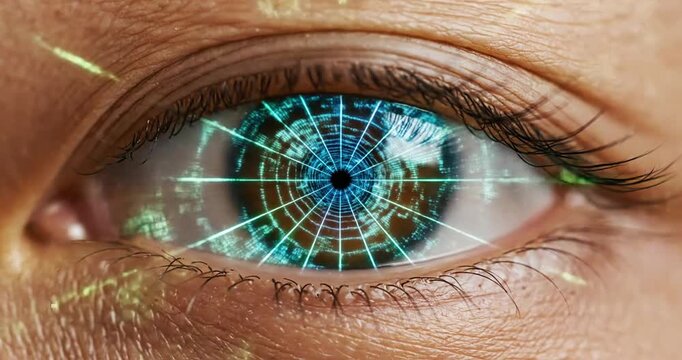 Human eye with futuristic technology interface.
