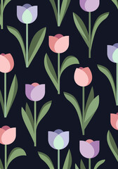 Obraz premium Minimalist Geometric Tulip Floral Pattern, Pastel Pink and Purple Spring Vector Illustration on Dark Background