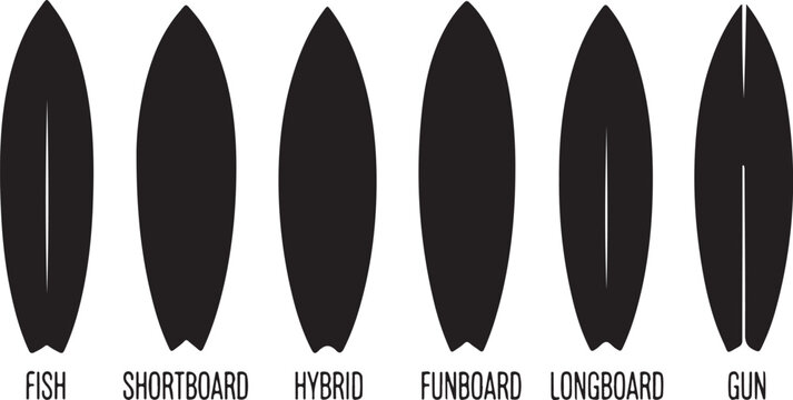 Set of black silhouettes of surfboards, vector illustration