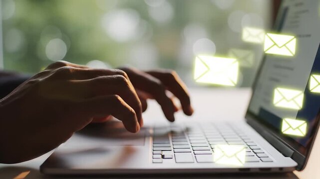 Hands typing on laptop with email icons highlighting artificial intelligence and digital evolution