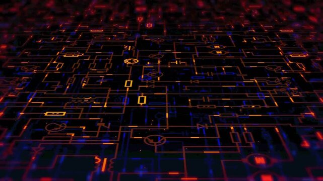 Glowing digital schematic of an electronic circuit board with flowing data energy and microchip components in a futuristic dark aesthetic.