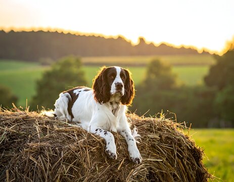 Dog resting on a haystack outdoors.