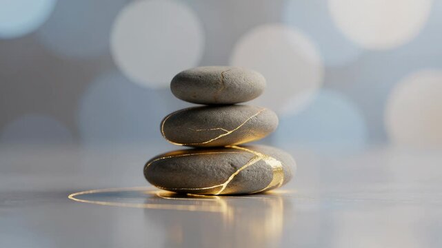 Stacked smooth stones with golden cracks symbolizing healing balance and zen meditation relaxation concept