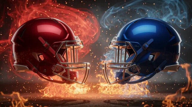 Red and blue football helmets facing each other with fire and smoke background intense sports rivalry