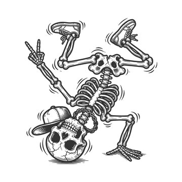skeleton breakdancing upside down in sneakers and a cap, creating a playful hip hop mood sketch engraving generative ai raster illustration. Scratch board imitation. Black and white image.