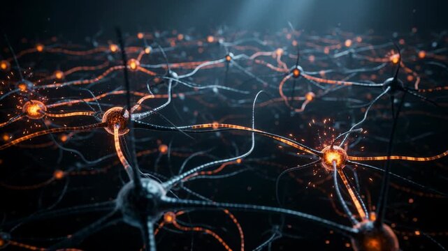 Abstract glowing neural network connections with bright synapses and digital brain technology background