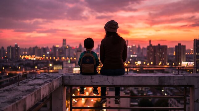 Mother and child sit on rooftop edge overlooking city at dusk, colorful sky, urban landscape, togetherness, relationship, contemplation.