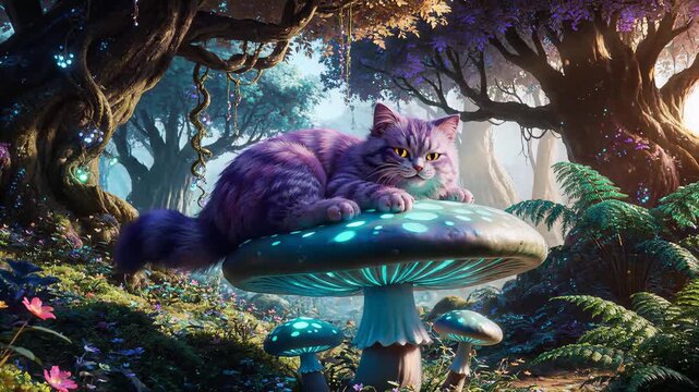 The mystical cheshire cat sits on a glowing mushroom in an enchanted fantasy forest