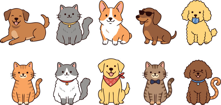 Adorable set of cute cartoon cat and dog stickers featuring various popular breeds and funny pet characters.