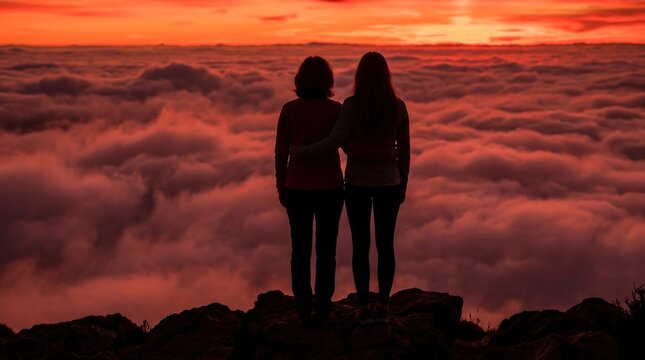 Two women stand on edge of cliff above clouds, arms around each other, watching vibrant orange sunset over ocean, friendship, togetherness.