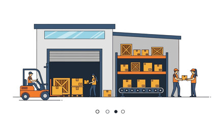 Obraz premium Warehouse workers loading cargo with forklift and conveyor belt.