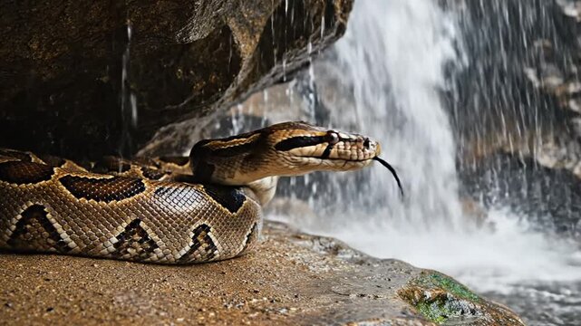 Python snake resting near waterfall in natural habitat