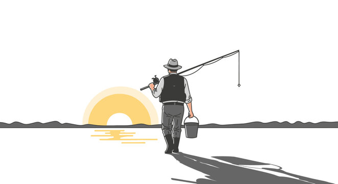 Fisherman walks towards sunset with fishing rod and bucket illustration